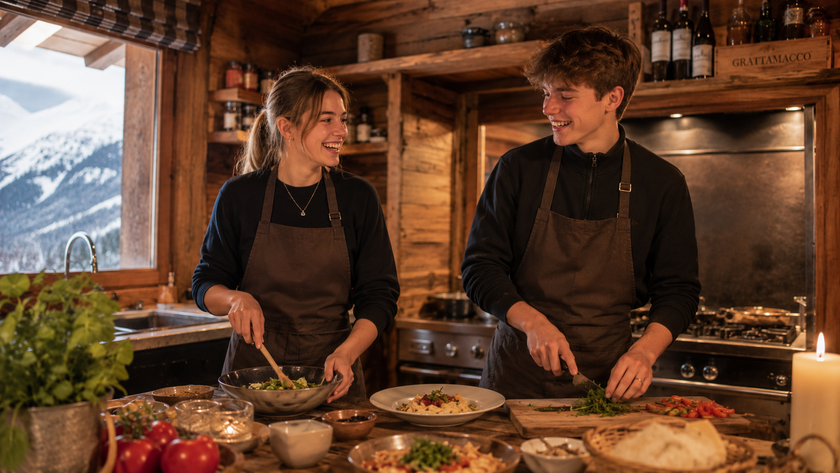 YourSkiSeasons cooking together in an Alpine chalet kitchen