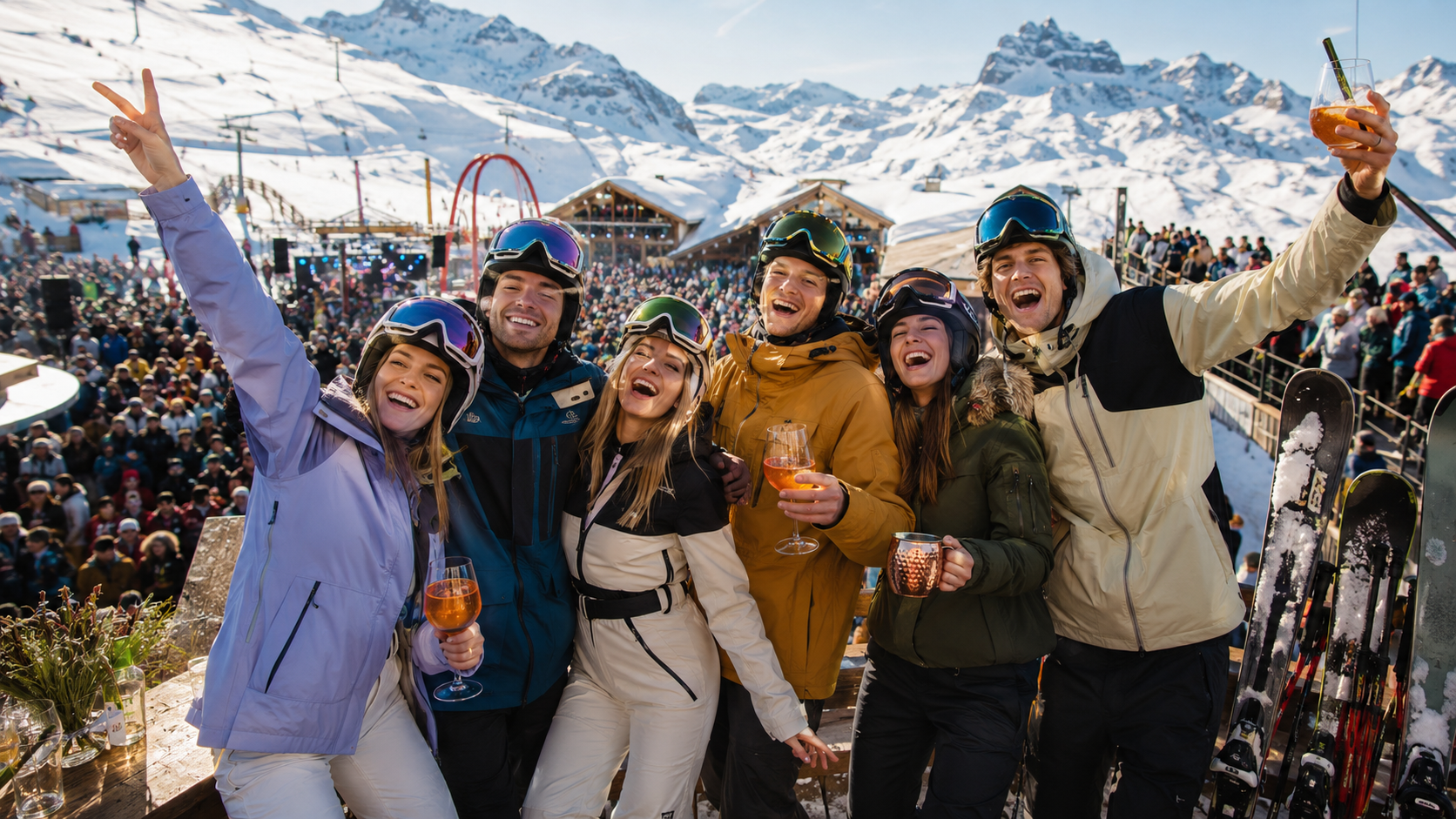 Group of friends celebrating on a ski slope